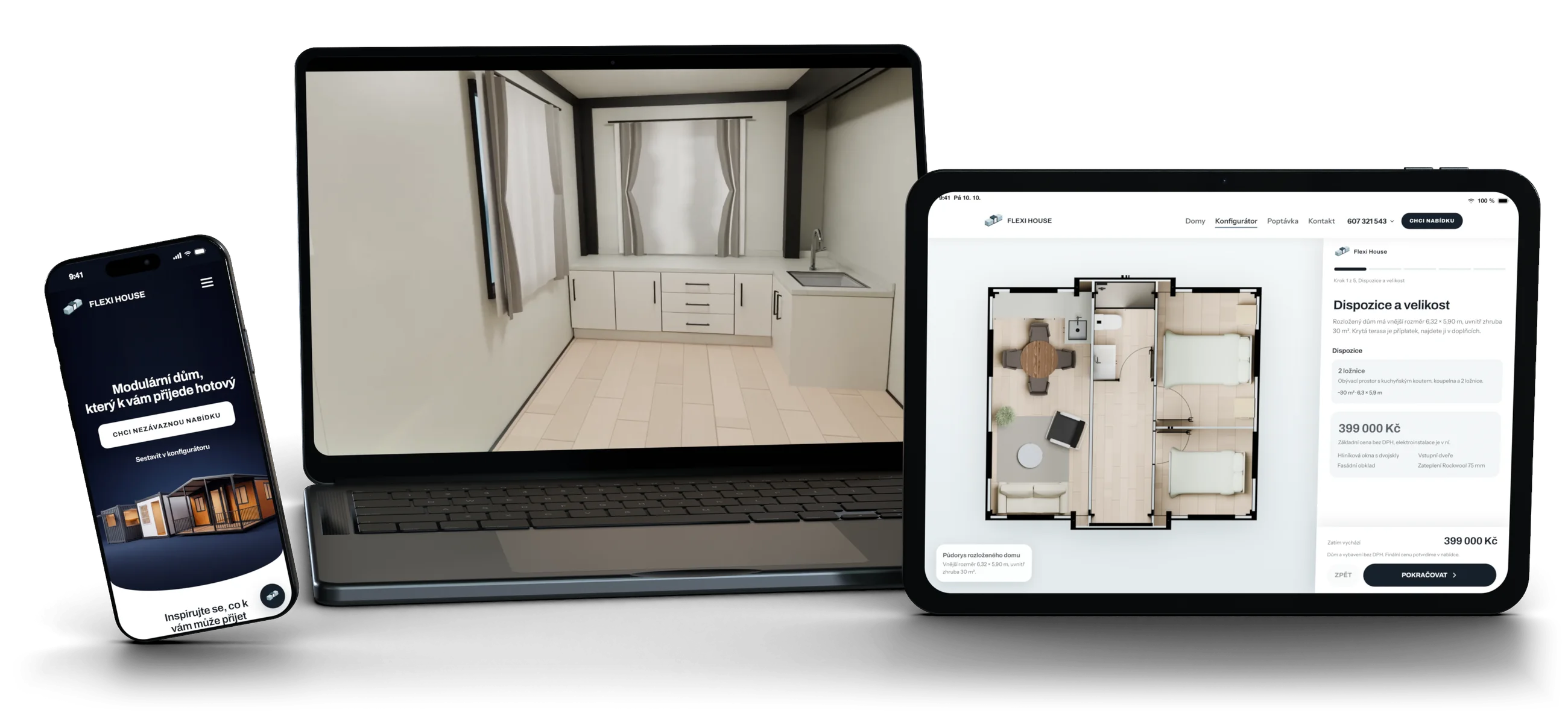 Web Flexi House na notebooku, telefonu a tabletu, na notebooku běží 3D model domu