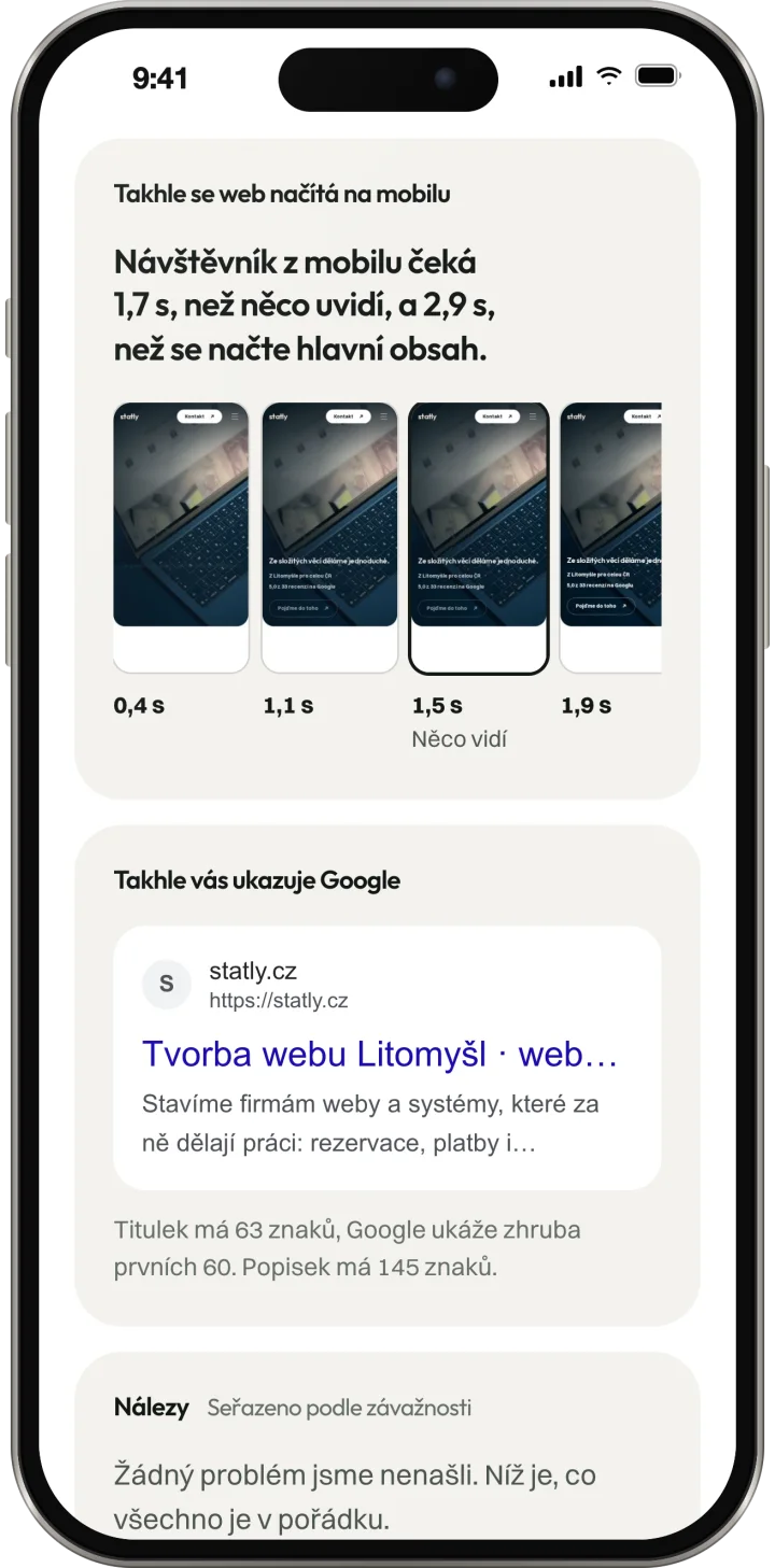 Snímky načítání webu na mobilu a náhled výsledku v Googlu