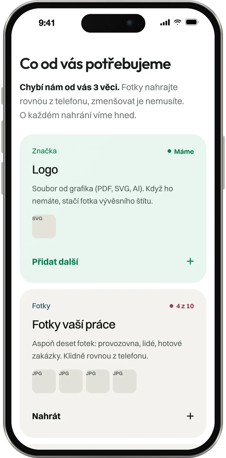 Seznam podkladů: logo máme, fotky 4 z 10, texty a ceník chybí