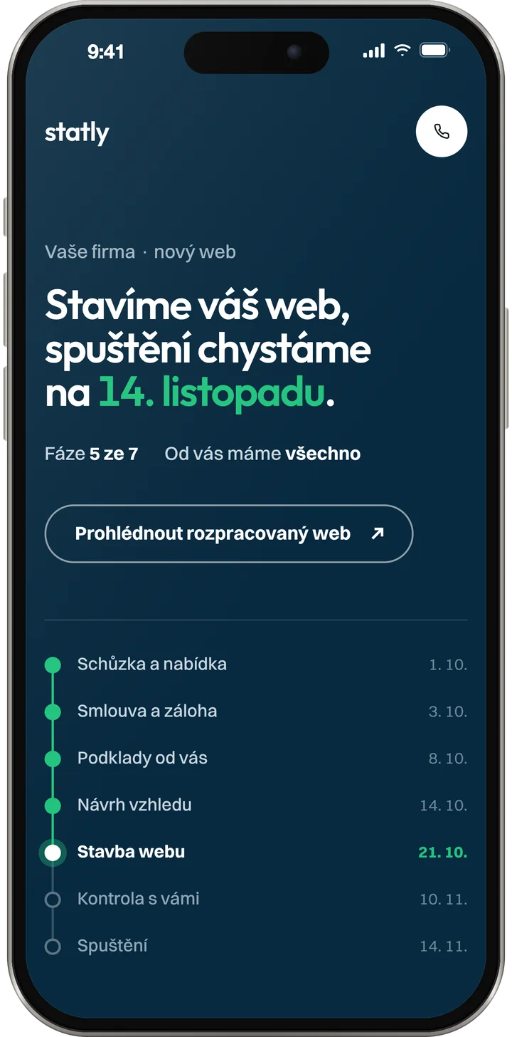 Stránka zakázky ve fázi stavby webu, spuštění 14. listopadu