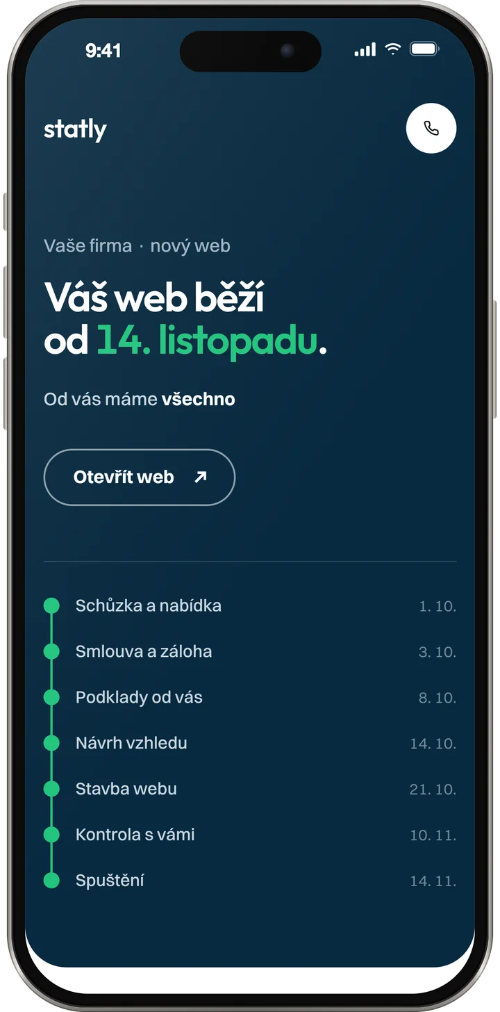 Stránka zakázky po spuštění, všech sedm fází hotových